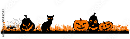 Halloween banner with pumpkins and scary objects, black and orange. Vector illustration.	
