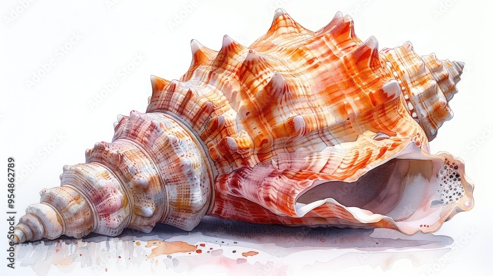 A Detailed Watercolor Painting of a Seashell A Detailed Watercolor Painting of a Seashell