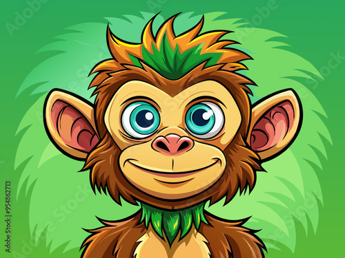 cartoon vector illustration of funny monkey animal, green isolated background, countryside tropical farm life photo