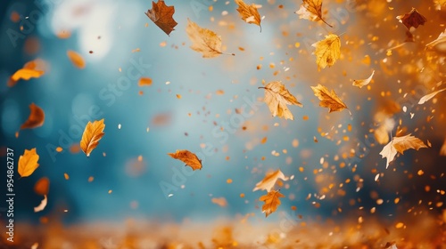 autumn leaves falling against a background of warm, earthy tones, a cozy and nostalgic mood