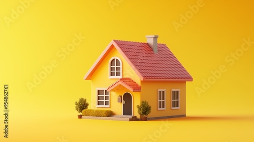 Bright yellow miniature house with red roof and green bushes set against a vibrant orange background