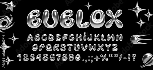 3D chrome balloon bubble font in Y2K style. Realistic shiny silver inflated letters, numbers, and symbols with liquid metal effect for modern retro typography, banners, posters, and digital design photo