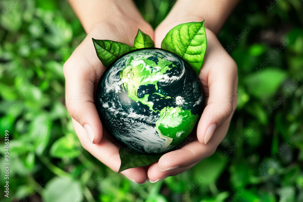 Hands holding a Earth surrounded by leaves. Environmental conservation and care for the planet Hands holding a Earth surrounded by leaves. Environmental conservation and care for the planet