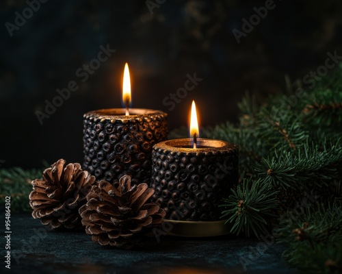 An ornate menorah with lit candles is featured in a close-up, surrounded by pine cones, setting a warm and festive scene.