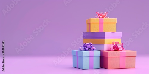 Stack of colorful gift boxes tied bright vivid colored bows. Joy, anticipation of receiving presents. Beautiful gift boxes heap on purple color. Gift box set in pile. Distinctive present boxes. Sale photo