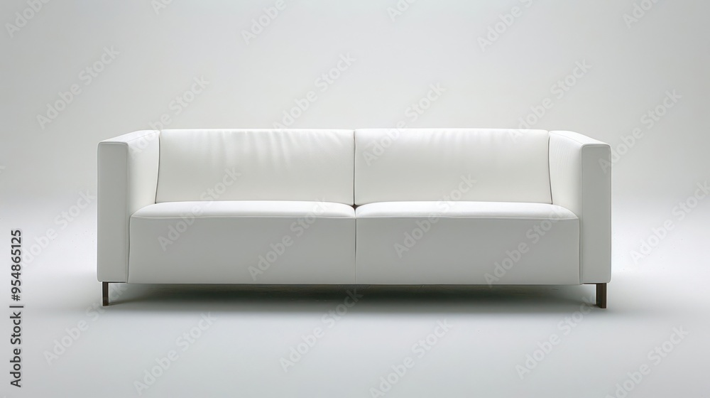 A modern white leather sofa with clean lines and wooden legs against a white background. A modern white leather sofa with clean lines and wooden legs against a white background.