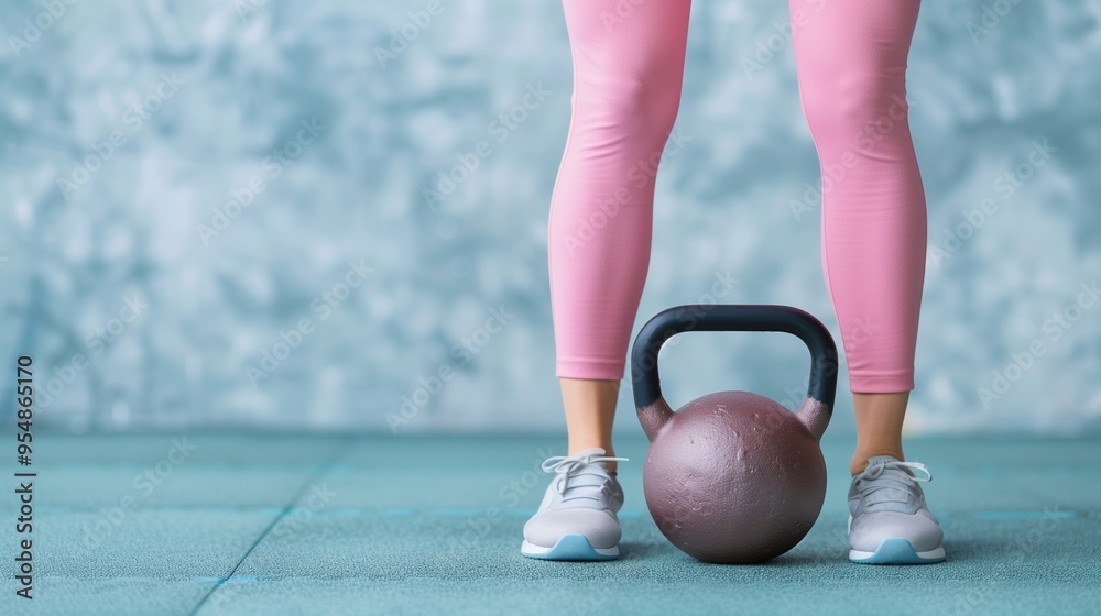 Naklejka premium A person stands poised for a workout, ready to lift a kettlebell on a gym mat, demonstrating strength and fitness.
