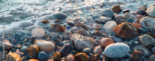 Rocky beach with smooth pebbles and tide pools, 4K hyperrealistic photo, photo