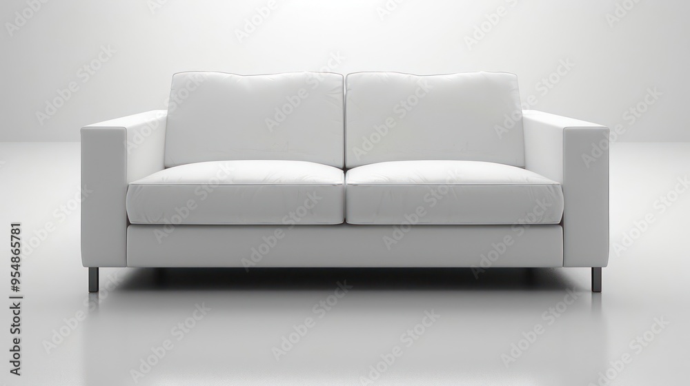 Fototapeta premium A white sofa with two cushions sits on a white surface.