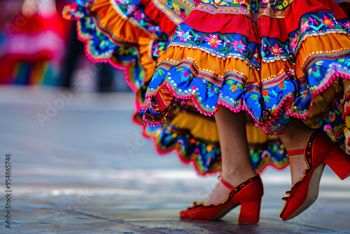 Colorful Mexican dance skirts and traditional red shoes in motion