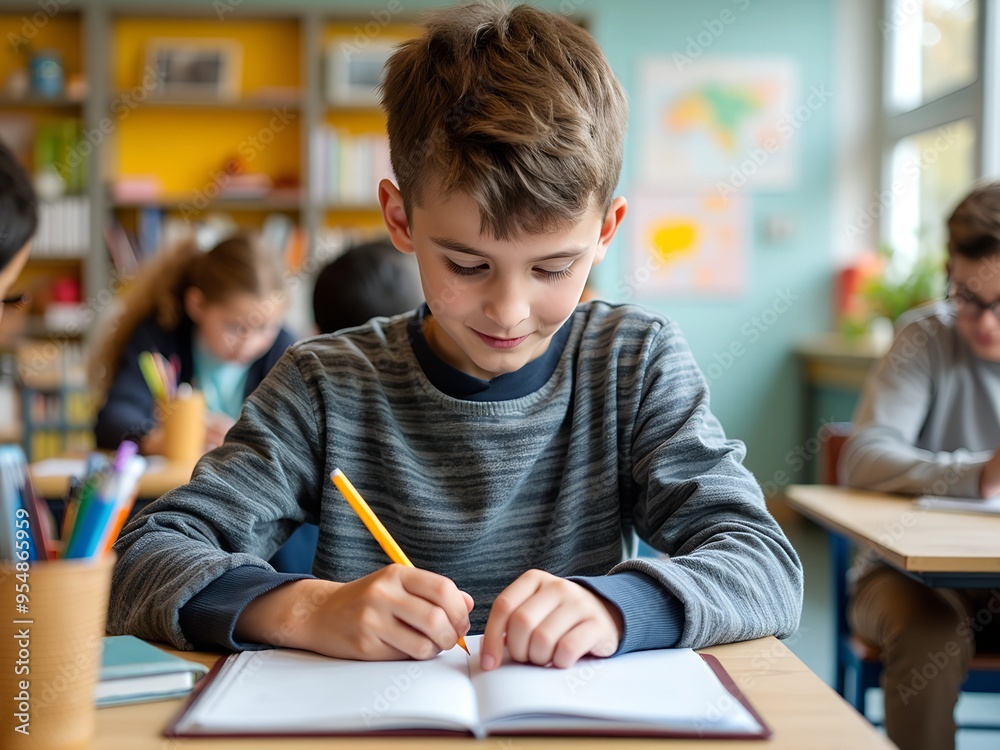 A schoolboy in a classroom sits at a desk and writes in a notebook A schoolboy in a classroom sits at a desk and writes in a notebook