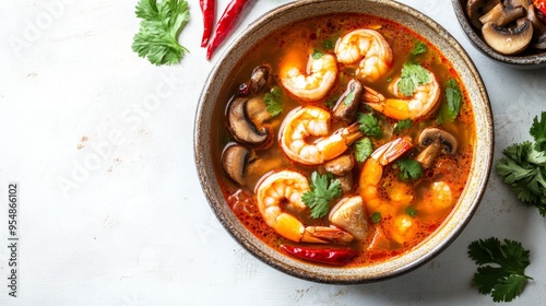 A bowl of Tom Yum Goong (spicy shrimp soup) with vibrant red chilies, mushrooms, and cilantro, displayed on a white surface.
