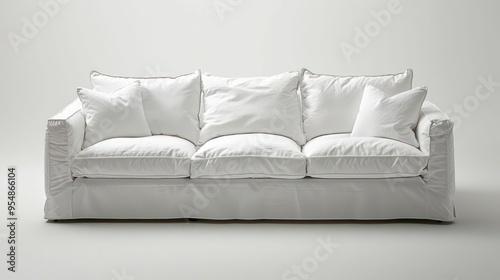 White sofa with three pillows isolated on a white background.