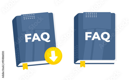 Blue faq book with bookmark ribbon and yellow download icon representing online customer support