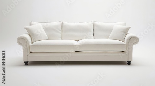 White sofa with three cushions and wooden legs against a white background.