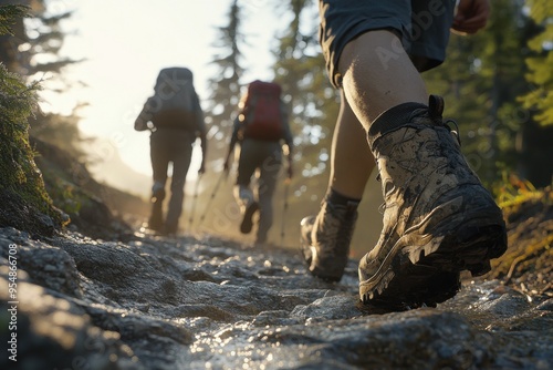 An adventurous outdoor scene with hikers walking along a rocky trail. The image captures