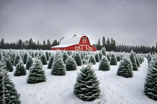 A christmas tree farm with rows of snow covered evergreens twinkling lights and a festive barn, AI Generated