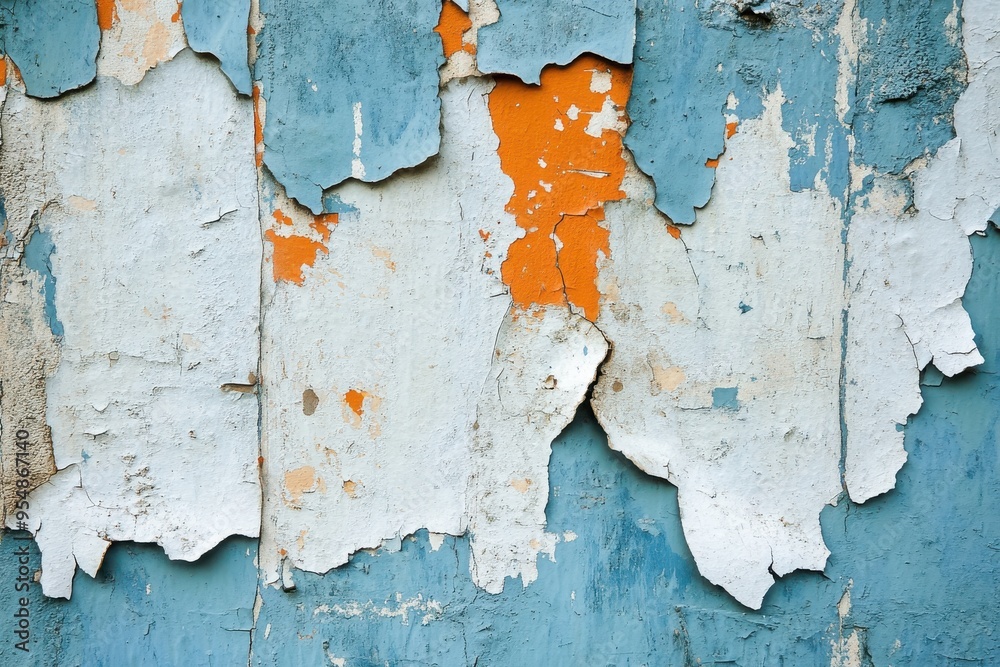 An artistic close-up of a weathered wall with peeling paint in shades of blue An artistic close-up of a weathered wall with peeling paint in shades of blue