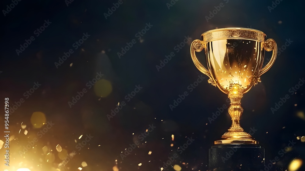 Golden Trophy and Confetti on Dark Background, Success Award Banner for Victory Celebration and Premium Service Achievement Presentation Golden Trophy and Confetti on Dark Background, Success Award Banner for Victory Celebration and Premium Service Achievement Presentation