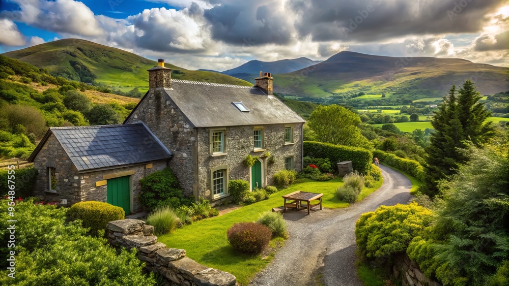 Tucked away amidst verdant wilderness, the refurbished Irish cottage presents a charming facade, harmoniously merging