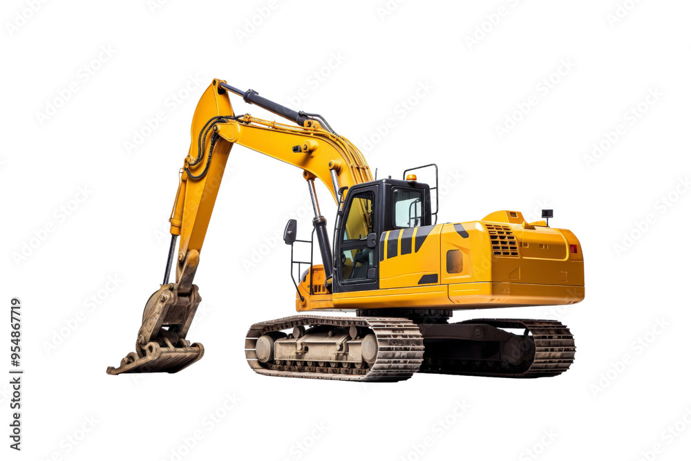 Yellow excavator with a brown bucket on the treads. Ideal for construction, industrial, machinery, engineering, and heavy equipment concepts in design projects Yellow excavator with a brown bucket on the treads. Ideal for construction, industrial, machinery, engineering, and heavy equipment concepts in design projects
