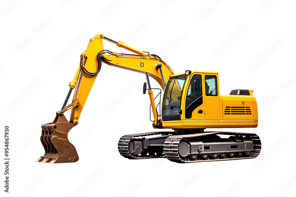 Yellow excavator with a brown bucket on the treads. Ideal for construction, industrial, machinery, engineering, and heavy equipment concepts in design projects Yellow excavator with a brown bucket on the treads. Ideal for construction, industrial, machinery, engineering, and heavy equipment concepts in design projects