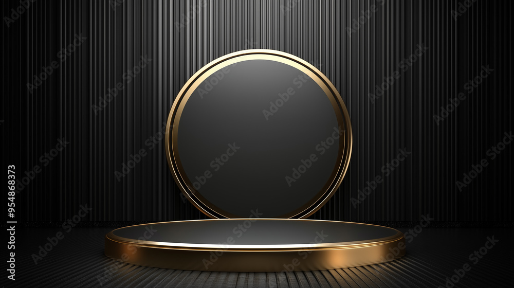 Elegant black-and-gold abstract setting featuring a sleek round podium for luxury display