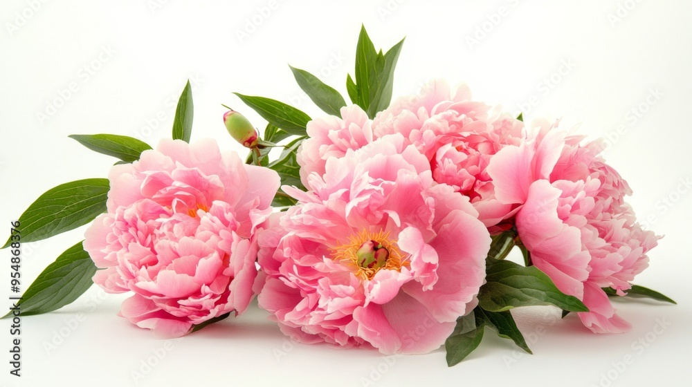 A bunch of pink peonies with lush, full blooms and green leaves, set against a clean white background to accentuate their beauty. A bunch of pink peonies with lush, full blooms and green leaves, set against a clean white background to accentuate their beauty.