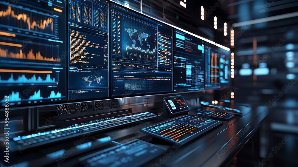 High-tech command center with multiple digital screens and data displays High-tech command center with multiple digital screens and data displays