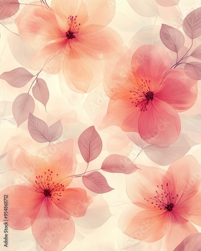 Wallpaper Mural Abstract Floral Background with Delicate Pink and Peach Flowers and Leaves. Torontodigital.ca