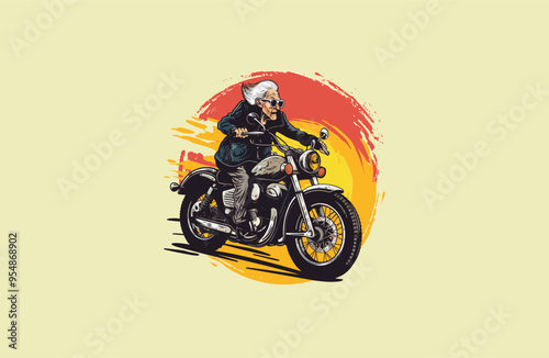 Grandma rides a motorbike logo vector icon illustration.