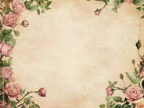 Vintage Pink Roses Border on Grunge Paper Background