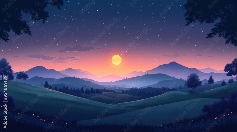 Majestic Sunset Over Rolling Hills With Stars and Moon in the Sky Majestic Sunset Over Rolling Hills With Stars and Moon in the Sky