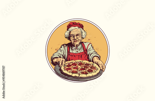 Grandma eats pizza logo vector icon illustration.