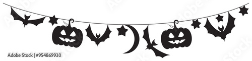 Halloween party decoration garland with bats, pumpkins, witch hat. Cute Jack O Lantern Evil Pumpkin Garland for Halloween. Simple banner hanging party classy decor vector element.
