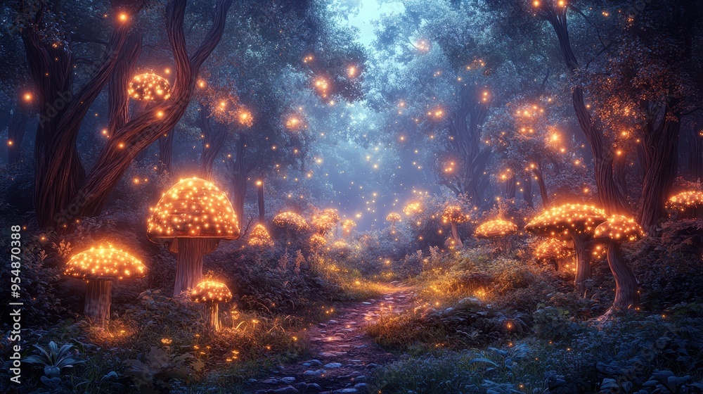 Magical Forest Path with Glowing Mushrooms and Fairy Lights. Magical Forest Path with Glowing Mushrooms and Fairy Lights.