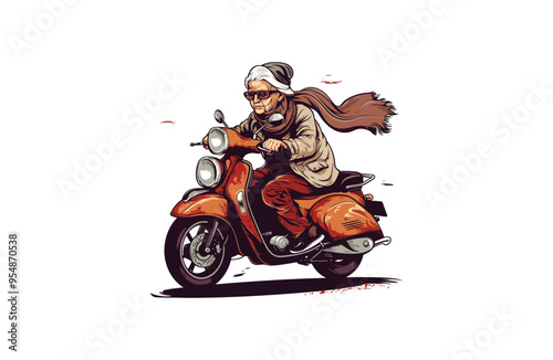 Grandma rides a motorbike  logo vector icon illustration.
