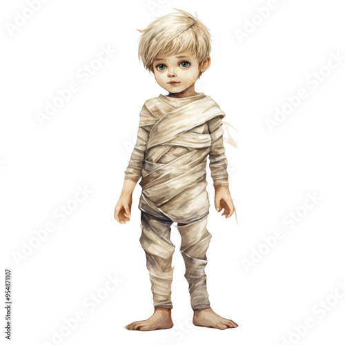 A young boy dressed as a mummy for Halloween