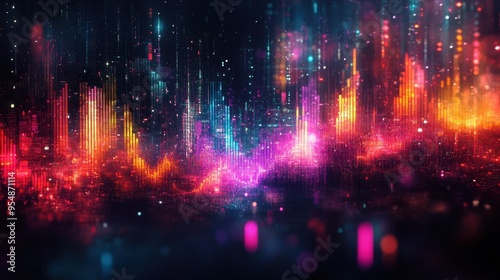 Abstract Cityscape with Neon Lights and Digital Glitch Effect - Futuristic Urban Background.