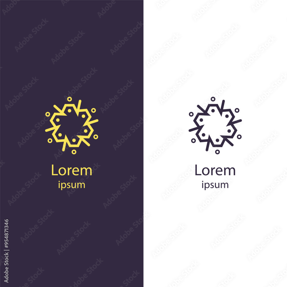 Obraz premium Abstract geometric logo with a symmetrical star-shaped pattern, combining dots and lines in yellow and black, ideal for modern branding and corporate identity.