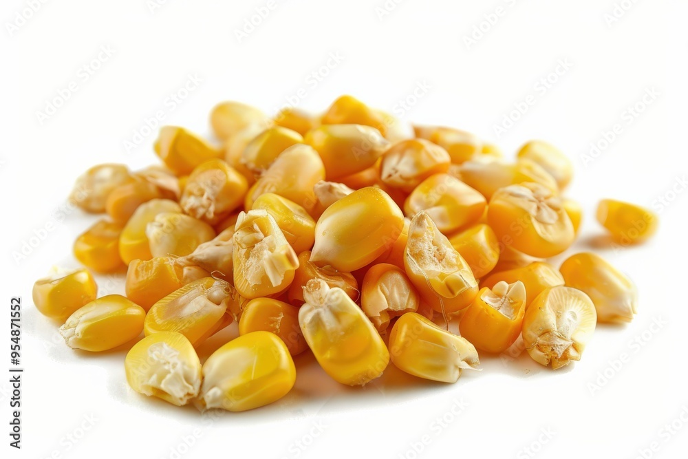 Corn Kernels Isolated on White Background. Closeup of Corn Kernels Heap, a Grain Fast Food for Vegetarians Corn Kernels Isolated on White Background. Closeup of Corn Kernels Heap, a Grain Fast Food for Vegetarians