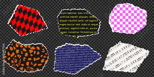 Set of pieces of torn paper with various patterns.Torn paper craft with patterns. Elements of torn paper for fashion collages. Trendy vector illustration.