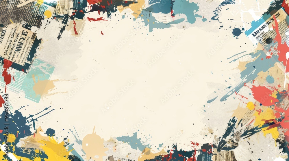 Fototapeta premium Creative abstract frame with chaotic newspaper text, illustrations, and headlines layered on a light background, providing space for an inscription. Grunge vector background design