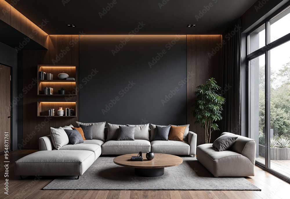 Concept photo of minimalist dark living room interior Concept photo of minimalist dark living room interior