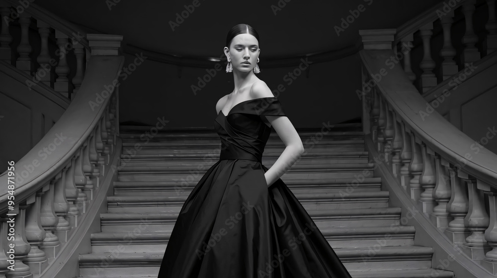 Obraz premium Fashionable Woman in Black Evening Gown on Ornate Staircase