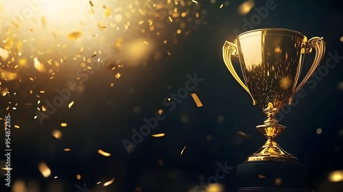 Golden Trophy Celebration with Confetti on Dark Background, Symbolizing Success and Achievement in Premium Service Victory