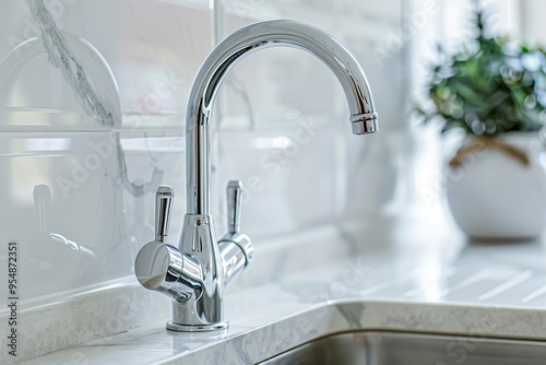 Kitchen sink. Modern new faucet, marble countertop. Stylish white sink, faucets in a light interior. Chrome steel tap. Domestic Appliances. Gray clean bright household equipment. Contemporary style