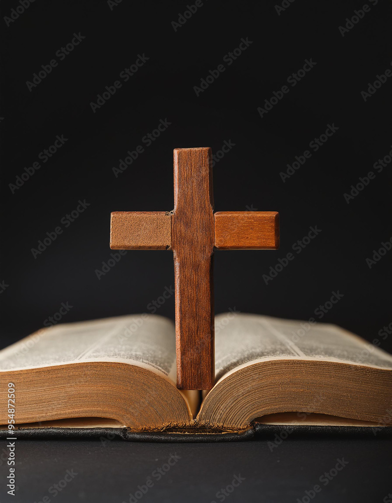 Wooden cross, open old bible, dark backdrop. Christian faith, religion, culture. Prayer seeking