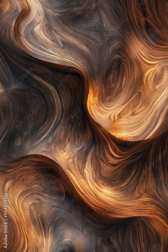 Abstract Wooden Texture with Swirling Grain Pattern - Brown and Gold Tones.