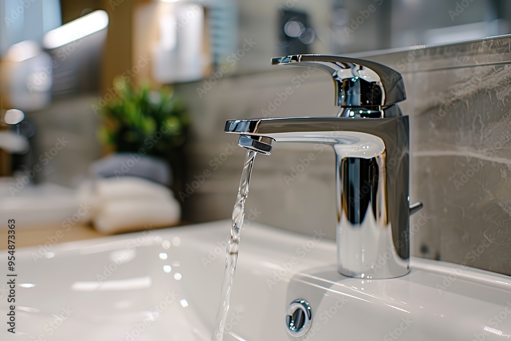 Modern faucet and water flow. Stylish white sink, faucets in a light interior. Chrome steel tap. Domestic Appliances. Gray clean bright bathroom. Household equipment. New water Tap. Contemporary style Modern faucet and water flow. Stylish white sink, faucets in a light interior. Chrome steel tap. Domestic Appliances. Gray clean bright bathroom. Household equipment. New water Tap. Contemporary style